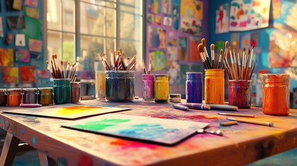 Colorful art studio with array of paint jars