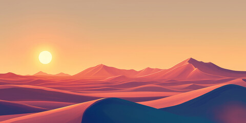 Wall Mural - Desert with dunes rolling into the distance, the sun rising above the horizon and casting light, flat illustration