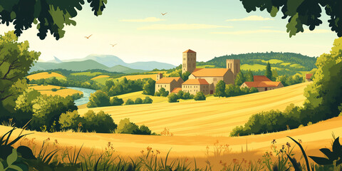 Poster - Medieval abbey surrounded by fields and forests, with distant hills and a river, flat illustration