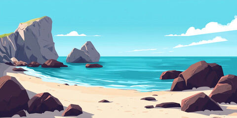 Wall Mural - Isolated beach with rocky outcrops, ocean meeting horizon in distance, flat illustration