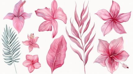 A collection of watercolor-style tropical flowers and leaves in pink and grey tones on a white background.