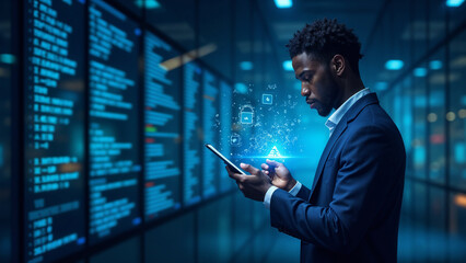 Black African American Male IT Specialist Analyzing Data Information Technology