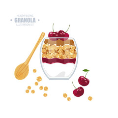 Vector illustration of healthy food, fruits, berries, cherries with yogurt and granola, and delicious creamy dessert in a glass icon isolated the background nuts, grains, and oatmeal in a glass vector