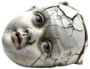 Shattered Innocence: A haunting portrait of a broken porcelain doll's head, its once vibrant features now cracked and weathered, evoking a chilling sense of decay and lost childhood. 