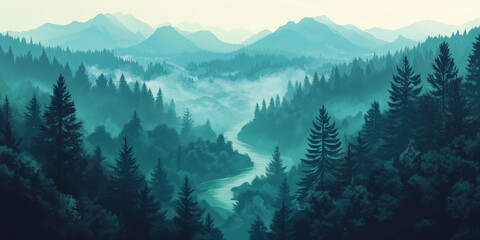 Poster - Dense forest with tall trees, a winding river, and distant mountains shrouded in mist, flat illustration