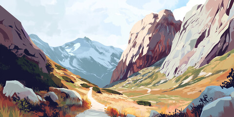 Wall Mural - Sheer rock face rising from valley floor, winding path leading up to summit, flat illustration