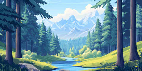 Wall Mural - Tranquil forest with towering trees, a river winding through, and distant mountains, flat illustration