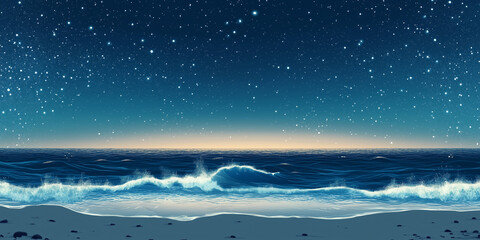 Sticker - Calm sea under a star-filled sky, with gentle waves lapping the shore, flat illustration