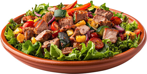 vegetable salad with meat and greens in a clay plate isolated background Generative AI