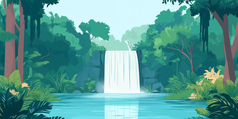 Wall Mural - Waterfall flowing into a calm pool surrounded by tall trees and dense forest, flat illustration