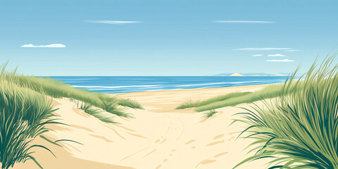 Wall Mural - Wide beach bordered by dunes on one side, open ocean on the other, flat illustration