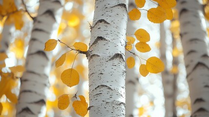 Poster -   A close-up of a tree with yellow leaves on its branches and a white trunk with yellow leaves on it