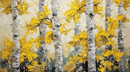 Wall Mural -   A painting featuring a cluster of trees with golden foliage against a monochromatic white and gray backdrop, showcasing the vibrant hues of autumn