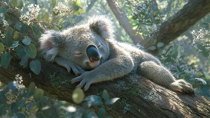 Sticker -   A koala is dozing off on a tree limb, resting its head on a tree's branch and closing its eyes