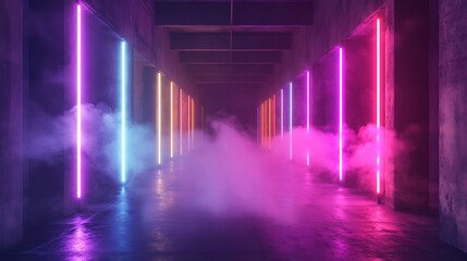 A long, dark corridor illuminated by vibrant neon lights with smoke emanating from the center.