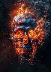 Flaming skull illustration on a dark background with smoke