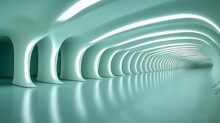 Abstract futuristic tunnel with glowing light, a cool teal and white color scheme.