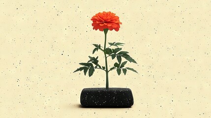 Sticker -   A solitary orange blossom graces a dark-colored vase against a mottled brown backdrop A minute black element occupies the foreground