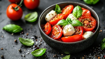 Poster -   Bowl of tomatoes and mozzarella on table with basil leaves and pepper flakes