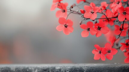 Wall Mural - Vibrant red flowers bloom on a stone wall during a sunny spring day