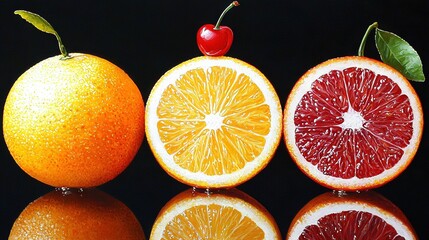 Poster -   Three grapefruits, an orange, and a grapefruit with a cherry on top