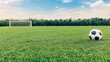 © olegganko - A soccer goal stands in a grassy field with mountains under a blue sky