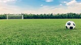 A soccer goal stands in a grassy field with mountains under a blue sky