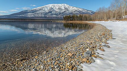 Poster -   A stunning view of a mountain reflected in a tranquil body of water, with rocky foreground and snow-covered terrain in the background