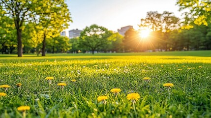 Poster -   A field of grass with yellow dandelions in the foreground and the sun shining through the trees in the background