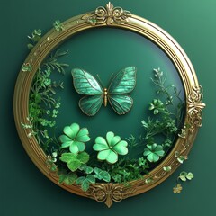 Green butterfly with detailed wings inside a gold decorative frame surrounded by clovers nature art