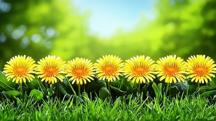 Sticker -   A field of green grass with trees in the backdrop and a row of yellow flowers in the foreground