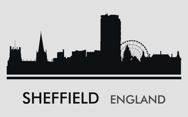 Wall Mural - The city skyline. Sheffield. England. Silhouettes of buildings. Vector on a gray background