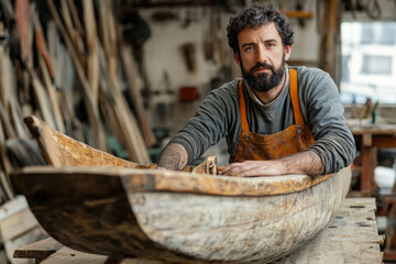 Shipbuilder crafting a boat in a traditional workshop