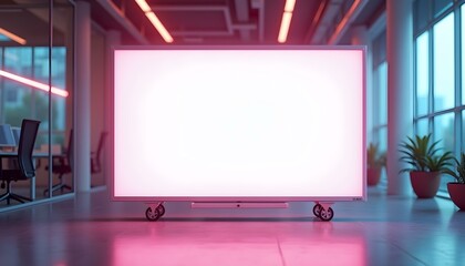 Large empty white wide whiteboard on wheels in a bright modern office space, Neon large empty whiteboard 