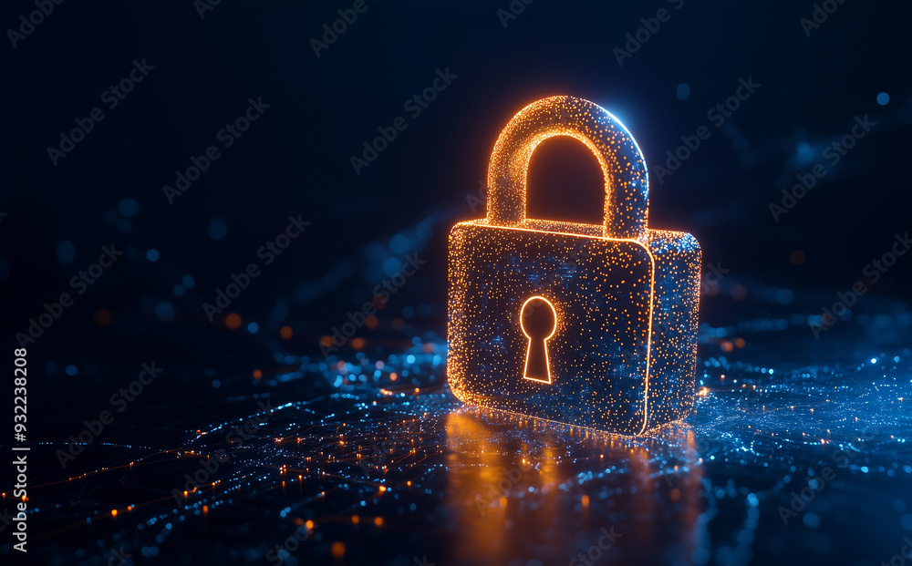 Digital Security Concept with orange Glowing Padlock particle style ...