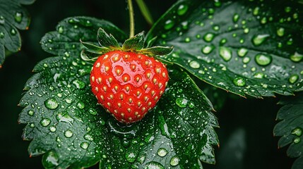 Sticker -   A zoomed-in photo of a ripe strawberry on a verdant plant, with droplets of moisture adorning the fruit