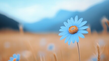 Blue flower stands out in a colorful meadow with mountains in the background