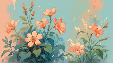 Wall Mural - Artistic abstract flowers with watercolor splashes