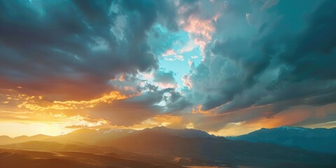 Poster - Clouds Over Mountain Peaks Illuminated Sky at Sunrise Time lapse