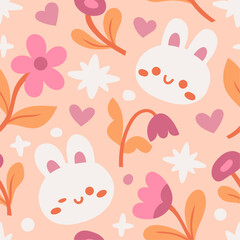 Wall Mural - Vector seamless pattern with cute rabbits and botanical elements. Hand drawn illustration with cartoon style for print, fabric, textile.