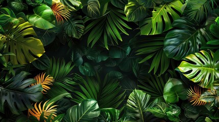 Sticker - A lush arrangement of tropical leaves in various shades of green, with a few golden yellow leaves for contrast, creating a dense, vibrant, and textured background.