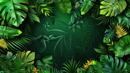 Wall Mural - Lush green tropical leaves with a dark background, featuring a variety of shapes and sizes. A few yellow flowers peek through the foliage.