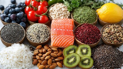 Poster -   A range of fruits, veggies, and grains is displayed in different forms on a white background