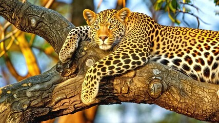 Wall Mural - leopard relaxes on a tree branch in the african savanna: a majestic predator in its natural habitat.