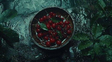 Sticker -   Cherries in a bowl sit on a green table next to a leafy plant