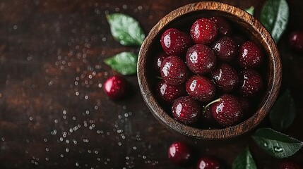 Sticker -   Wooden bowl holds ripe cherries atop wooden table, adorned with leaves & water droplets