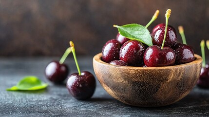 Poster -   Wooden bowl with cherries surrounded by green leaves and black surface