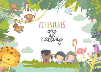 Wall Mural - Cute cartoon kids traveling with animals. Adventures are calling