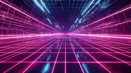 Canvas Print -   A tunnel with neon lights in the center is filled with blue and pink neon lights, set against a black background