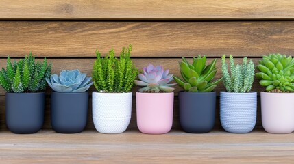 Sticker - Indoor display of various potted plants on wooden shelf in a bright room